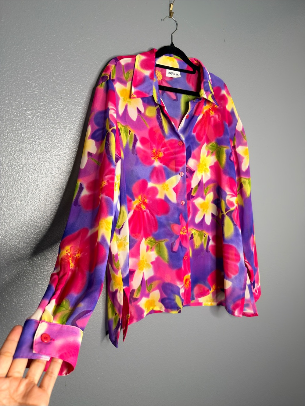 VTG Bold Floral Button-Up Sheer Blouse in Pink & Purple Artsy Maximalist 2x